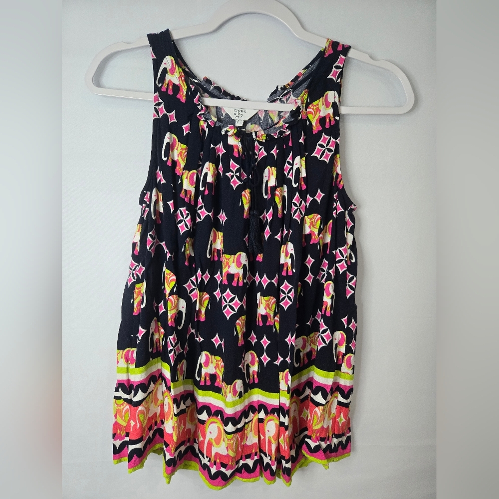 Crown & Ivy Black and Pink Elephant Patterned Tank Top Ruffle Detail Petite Med